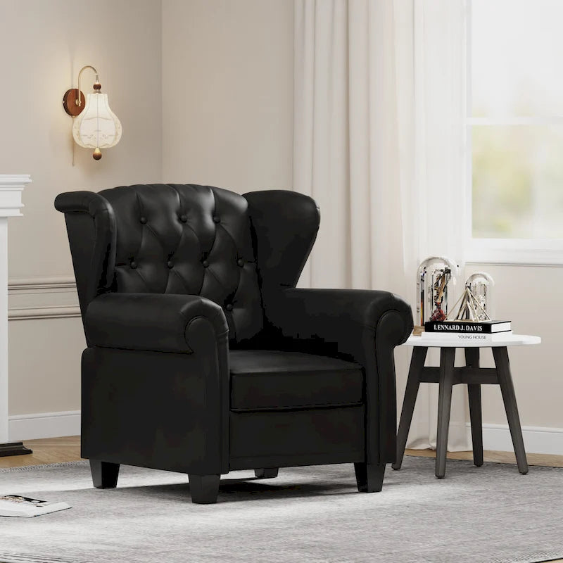 Black Adjustable Tufted Recliner Arm Chair with Sturdy Wooden Legs