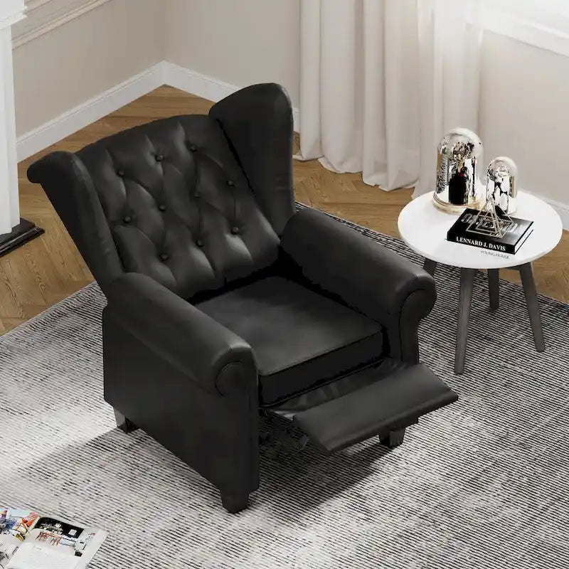Black Adjustable Tufted Recliner Arm Chair with Sturdy Wooden Legs