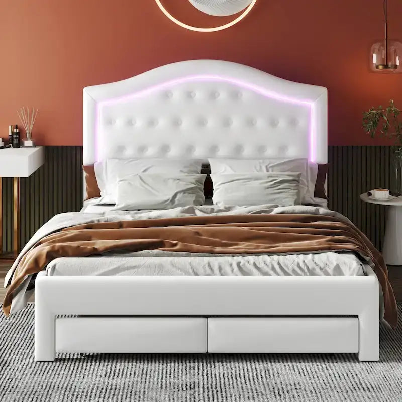 Cama Estofada com Plataforma, Cabeceira LED e Duas Gavetas de Armazenamento