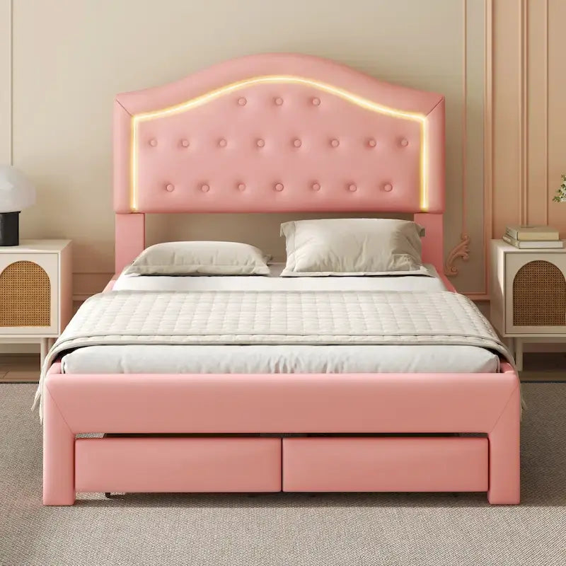 Cama Estofada com Plataforma, Cabeceira LED e Duas Gavetas de Armazenamento