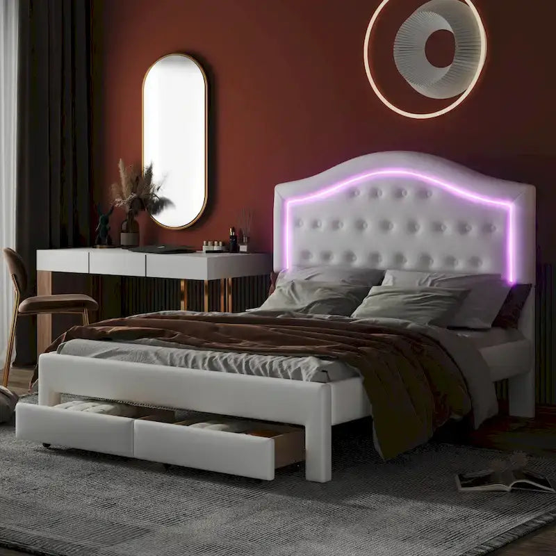 Cama Estofada com Plataforma, Cabeceira LED e Duas Gavetas de Armazenamento