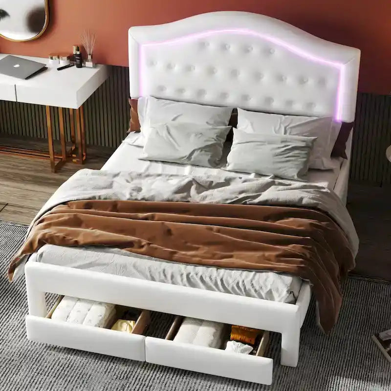 Cama Estofada com Plataforma, Cabeceira LED e Duas Gavetas de Armazenamento
