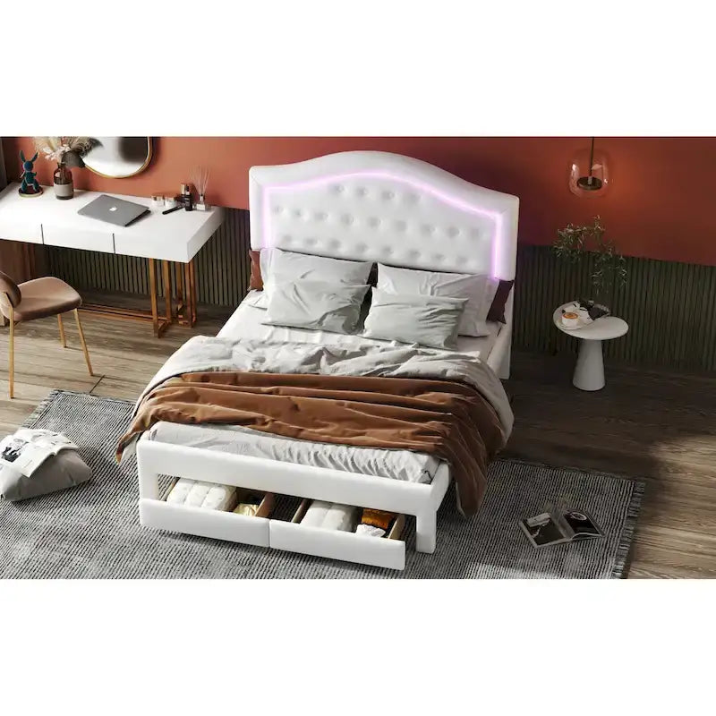 Cama Estofada com Plataforma, Cabeceira LED e Duas Gavetas de Armazenamento