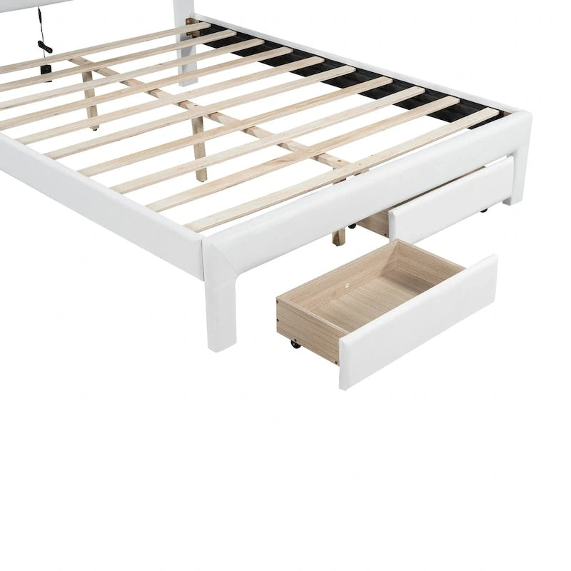 Cama Estofada com Plataforma, Cabeceira LED e Duas Gavetas de Armazenamento