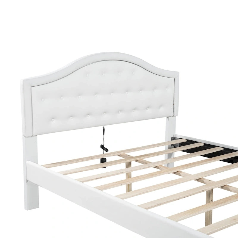 Cama Estofada com Plataforma, Cabeceira LED e Duas Gavetas de Armazenamento