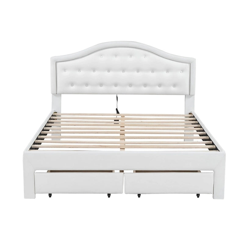Cama Estofada com Plataforma, Cabeceira LED e Duas Gavetas de Armazenamento