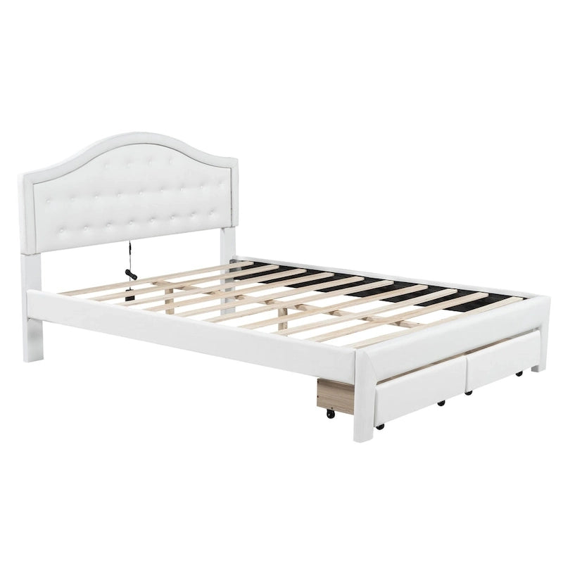 Cama Estofada com Plataforma, Cabeceira LED e Duas Gavetas de Armazenamento