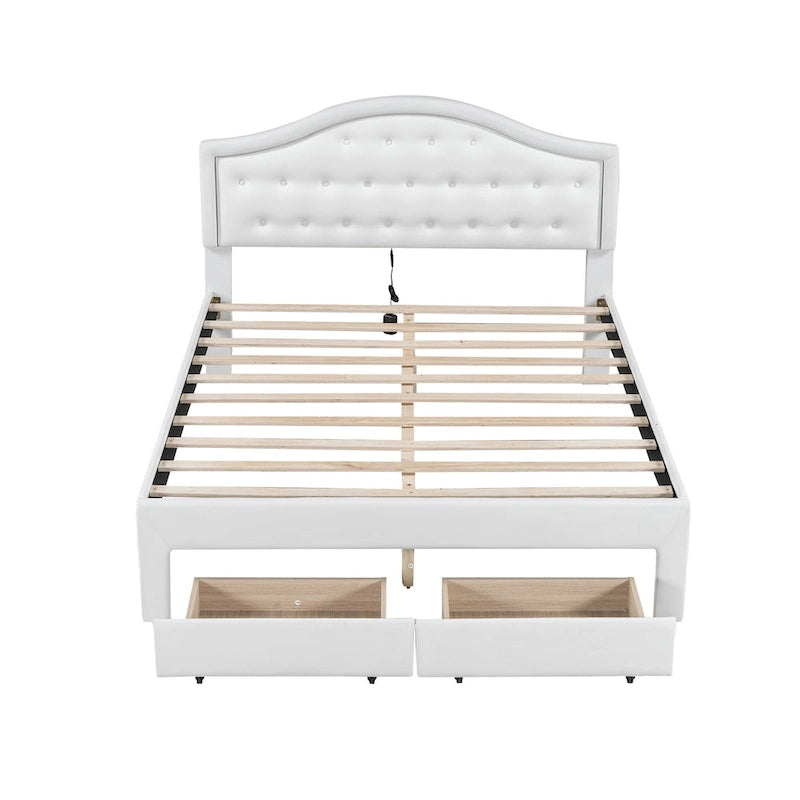 Cama Estofada com Plataforma, Cabeceira LED e Duas Gavetas de Armazenamento