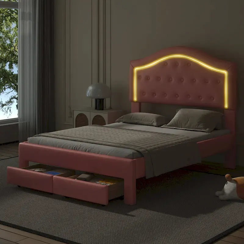 Cama Estofada com Plataforma, Cabeceira LED e Duas Gavetas de Armazenamento