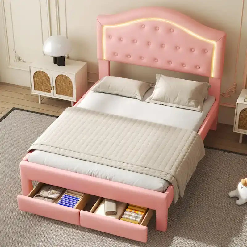 Cama Estofada com Plataforma, Cabeceira LED e Duas Gavetas de Armazenamento