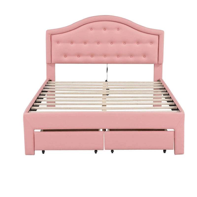 Cama Estofada com Plataforma, Cabeceira LED e Duas Gavetas de Armazenamento