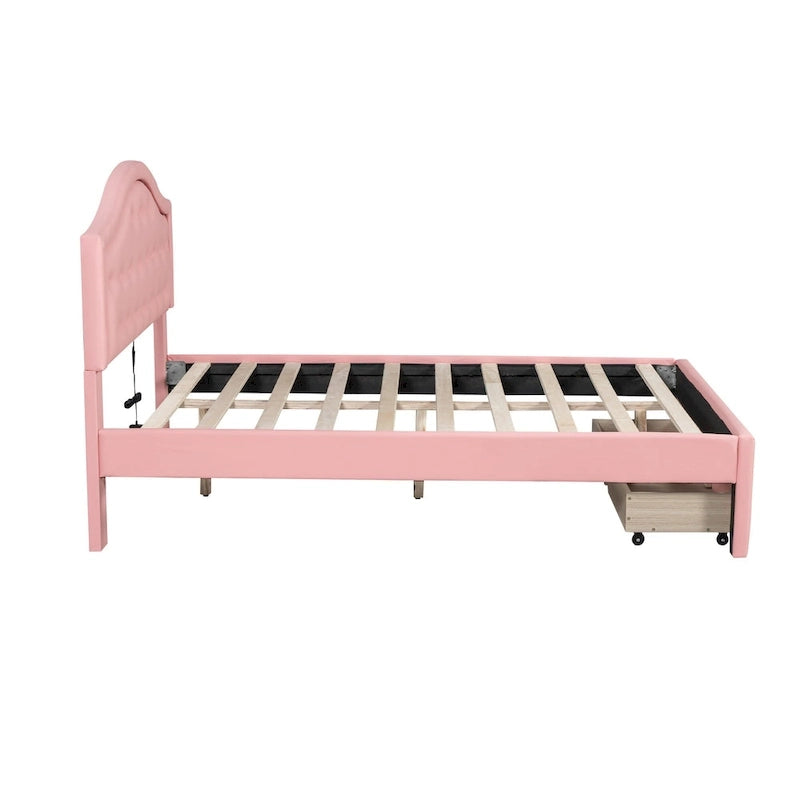 Cama Estofada com Plataforma, Cabeceira LED e Duas Gavetas de Armazenamento