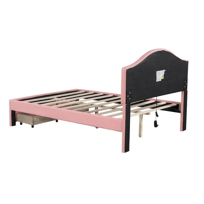 Cama Estofada com Plataforma, Cabeceira LED e Duas Gavetas de Armazenamento
