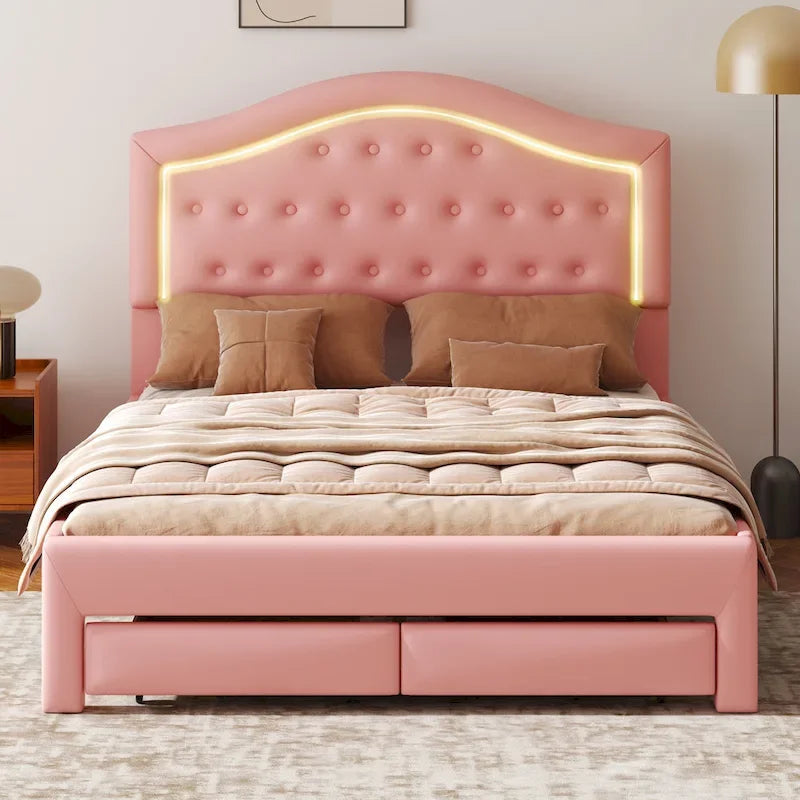 Cama Estofada com Plataforma, Cabeceira LED e Duas Gavetas de Armazenamento