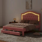 Cama Estofada com Plataforma, Cabeceira LED e Duas Gavetas de Armazenamento