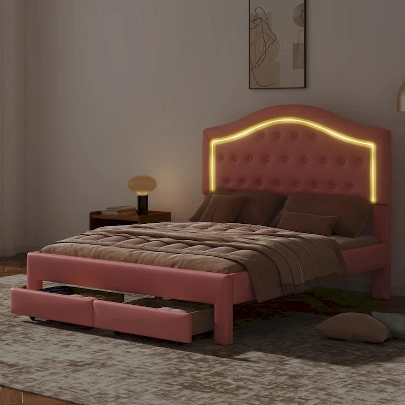 Cama Estofada com Plataforma, Cabeceira LED e Duas Gavetas de Armazenamento