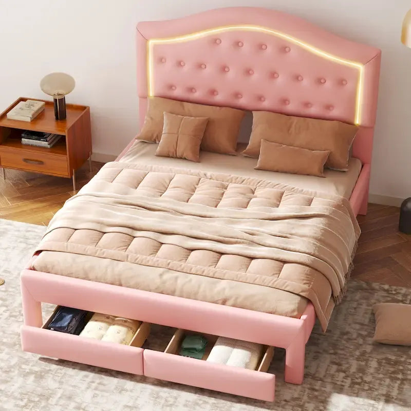 Cama Estofada com Plataforma, Cabeceira LED e Duas Gavetas de Armazenamento