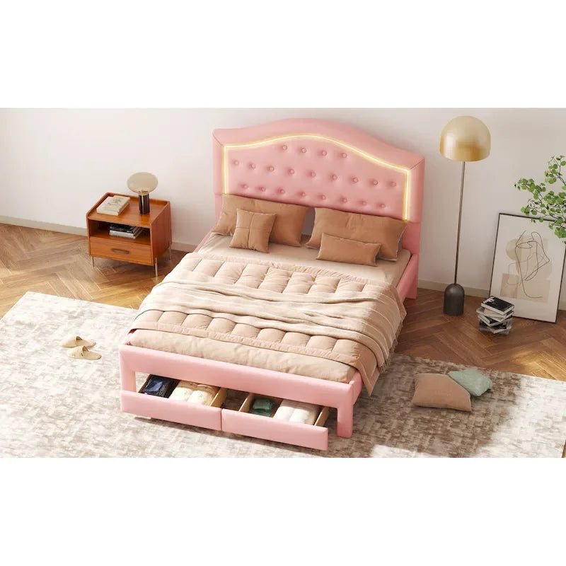 Cama Estofada com Plataforma, Cabeceira LED e Duas Gavetas de Armazenamento