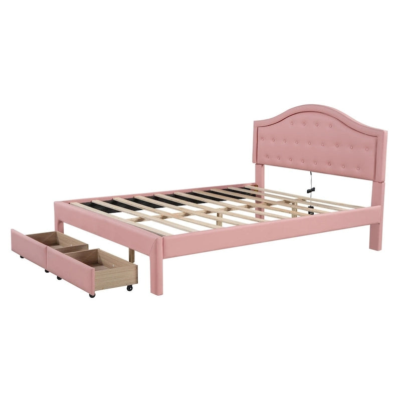 Cama Estofada com Plataforma, Cabeceira LED e Duas Gavetas de Armazenamento