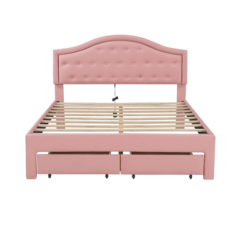 Cama Estofada com Plataforma, Cabeceira LED e Duas Gavetas de Armazenamento