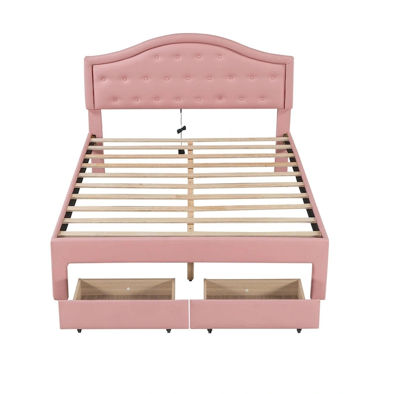 Cama Estofada com Plataforma, Cabeceira LED e Duas Gavetas de Armazenamento