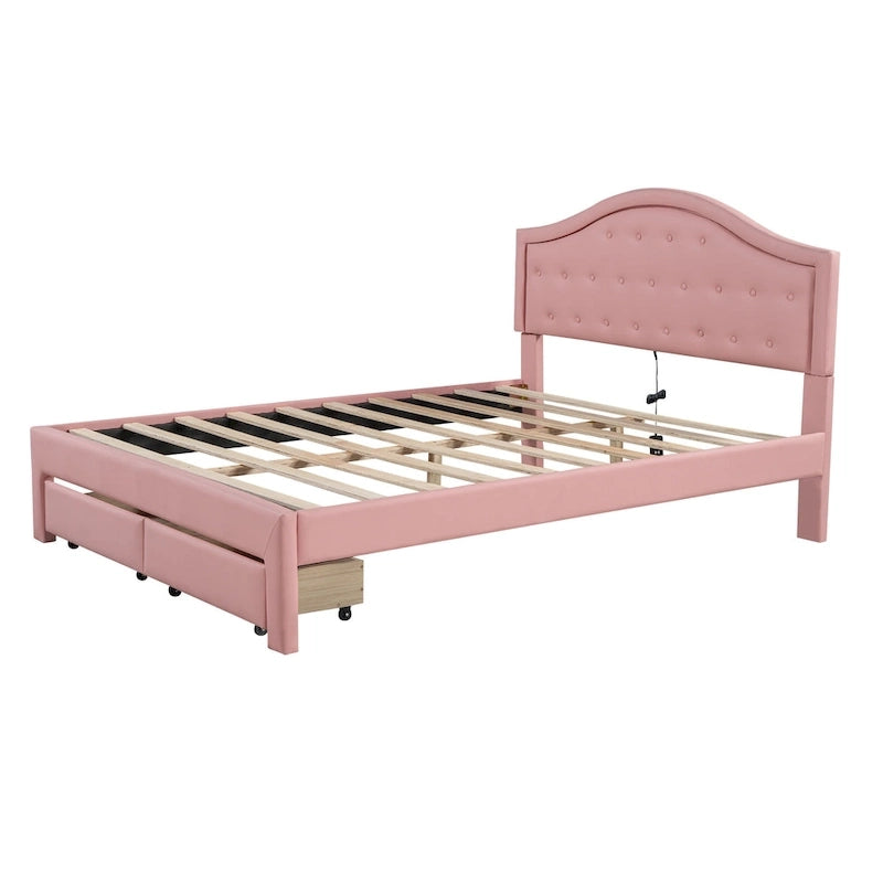 Cama Estofada com Plataforma, Cabeceira LED e Duas Gavetas de Armazenamento