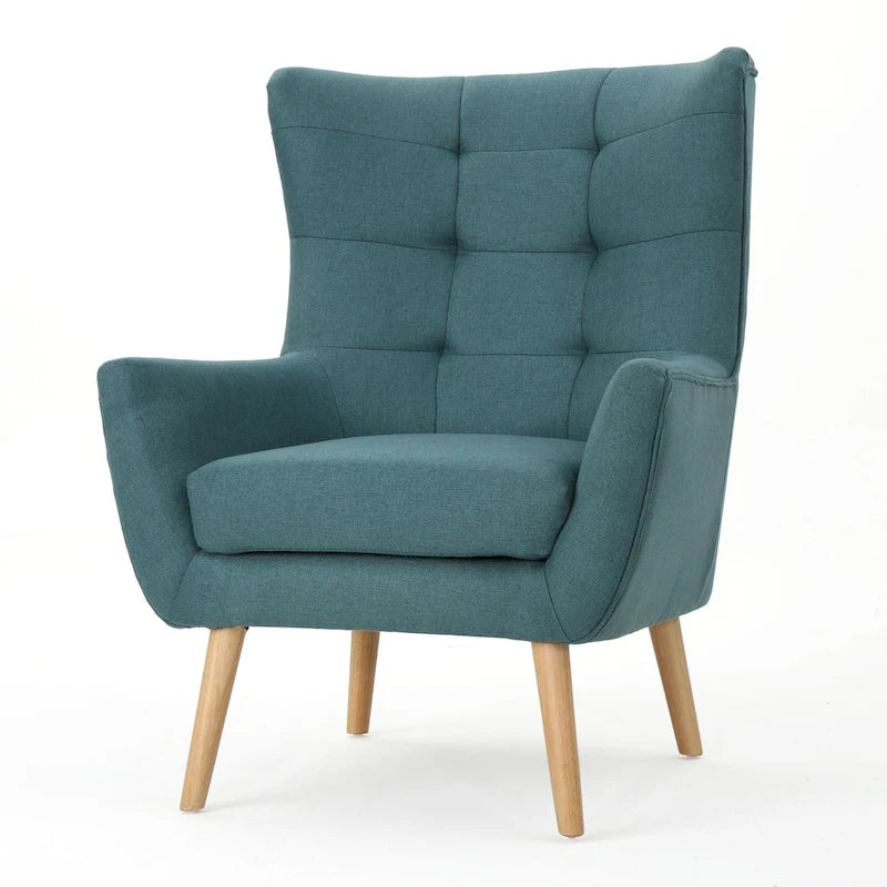 Cadeira de Abas Alta com Botões Estilo Mid-Century Moderno Pernas em Madeira de Seringueira