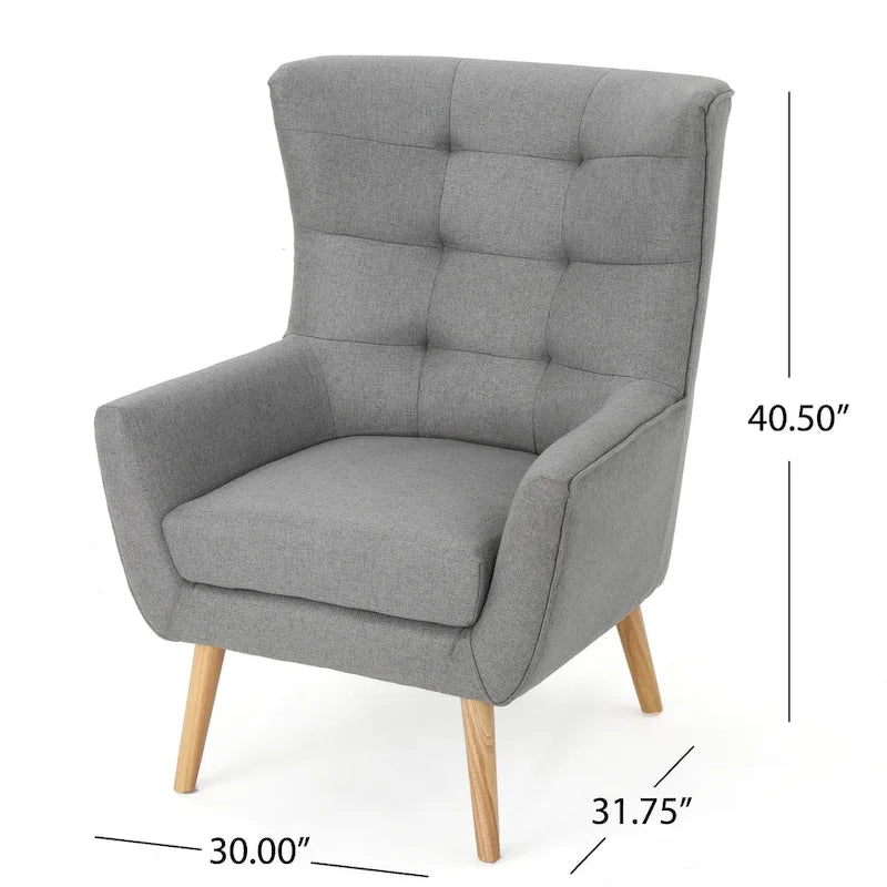 Cadeira de Abas Alta com Botões Estilo Mid-Century Moderno Pernas em Madeira de Seringueira