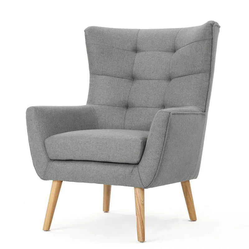 Cadeira de Abas Alta com Botões Estilo Mid-Century Moderno Pernas em Madeira de Seringueira