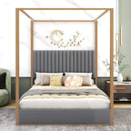 Cama de Casal com Estrutura de Metal e Dossel Estofado em Linho