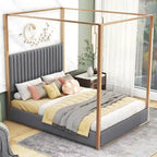 Cama de Casal com Estrutura de Metal e Dossel Estofado em Linho