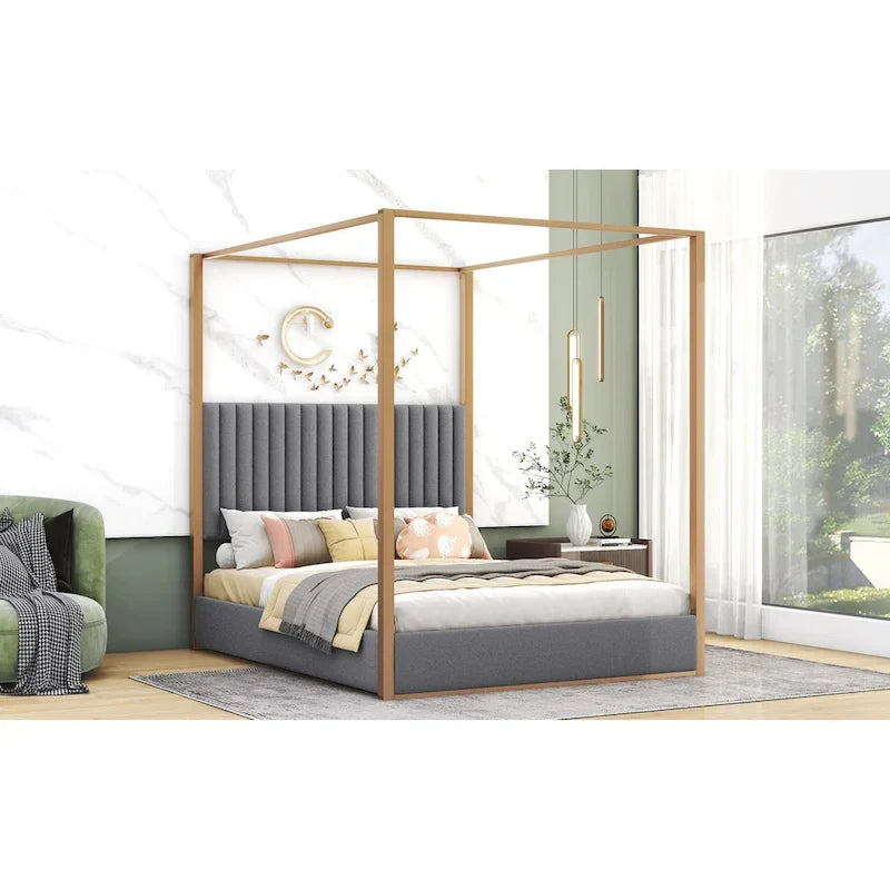 Cama de Casal com Estrutura de Metal e Dossel Estofado em Linho