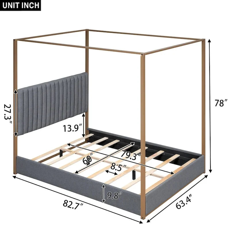 Cama de Casal com Estrutura de Metal e Dossel Estofado em Linho