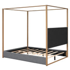 Cama de Casal com Estrutura de Metal e Dossel Estofado em Linho