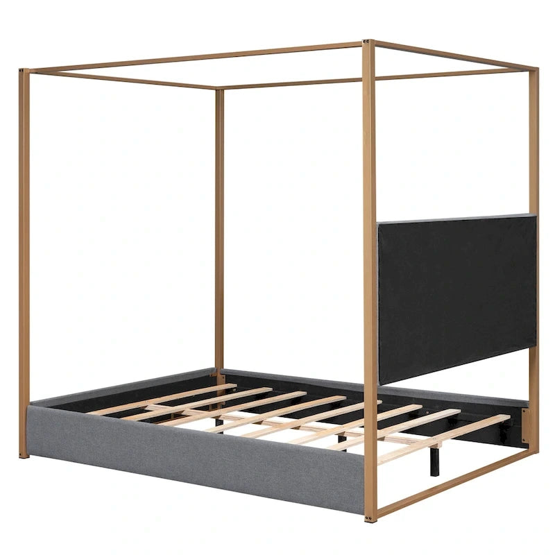 Cama de Casal com Estrutura de Metal e Dossel Estofado em Linho