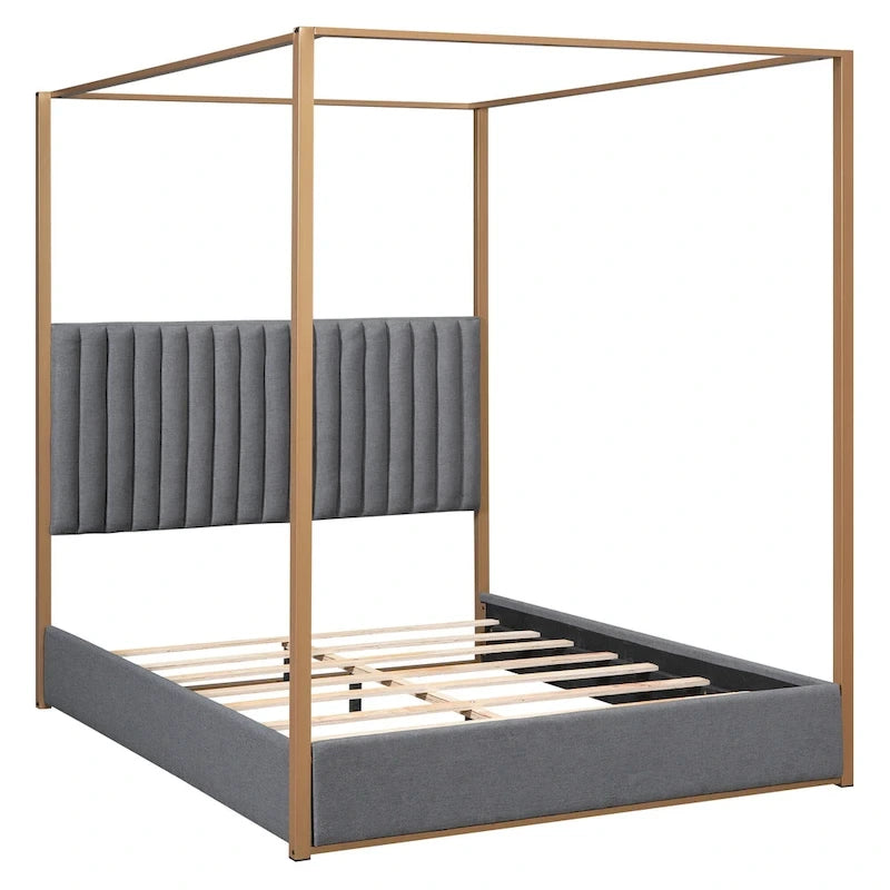 Cama de Casal com Estrutura de Metal e Dossel Estofado em Linho