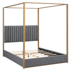 Cama de Casal com Estrutura de Metal e Dossel Estofado em Linho