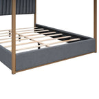 Cama de Casal com Estrutura de Metal e Dossel Estofado em Linho