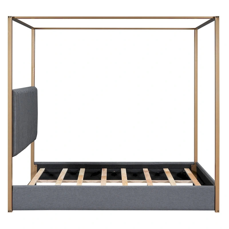 Cama de Casal com Estrutura de Metal e Dossel Estofado em Linho