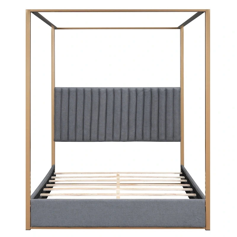 Cama de Casal com Estrutura de Metal e Dossel Estofado em Linho