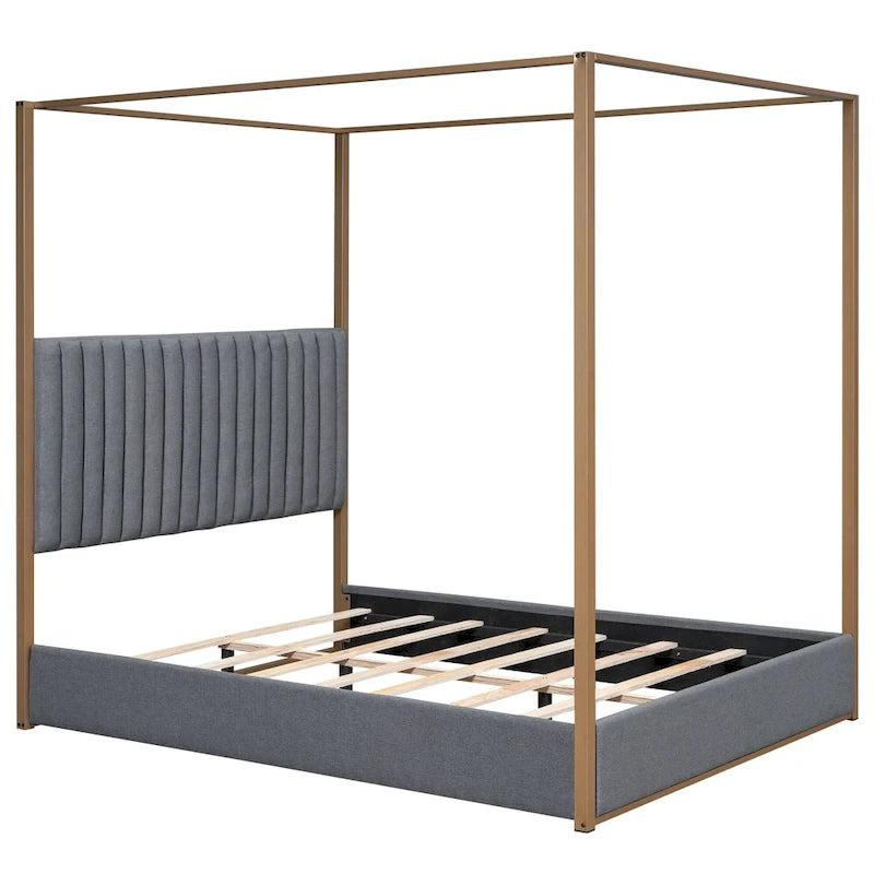 Cama de Casal com Estrutura de Metal e Dossel Estofado em Linho