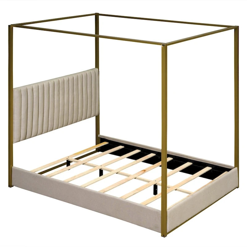 Cama de Casal com Estrutura de Metal e Dossel Estofado em Linho