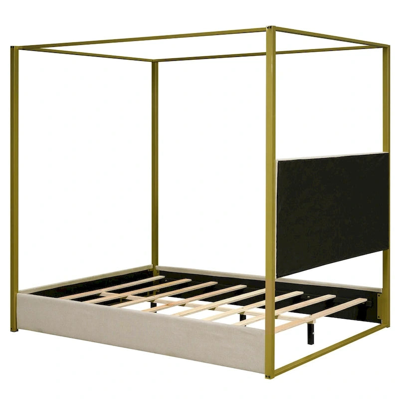Cama de Casal com Estrutura de Metal e Dossel Estofado em Linho