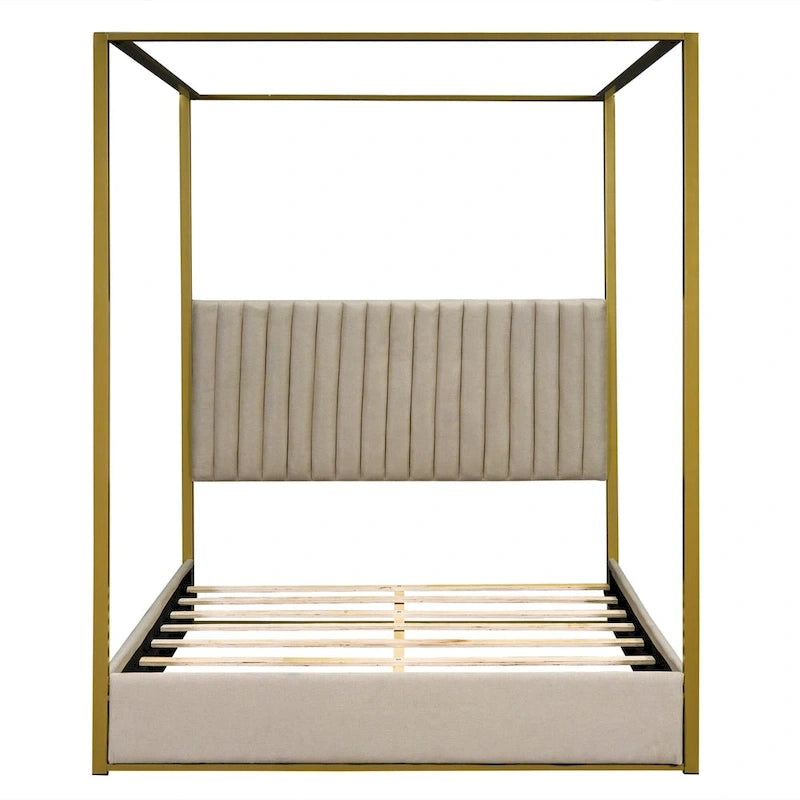 Cama de Casal com Estrutura de Metal e Dossel Estofado em Linho