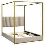 Cama de Casal com Estrutura de Metal e Dossel Estofado em Linho