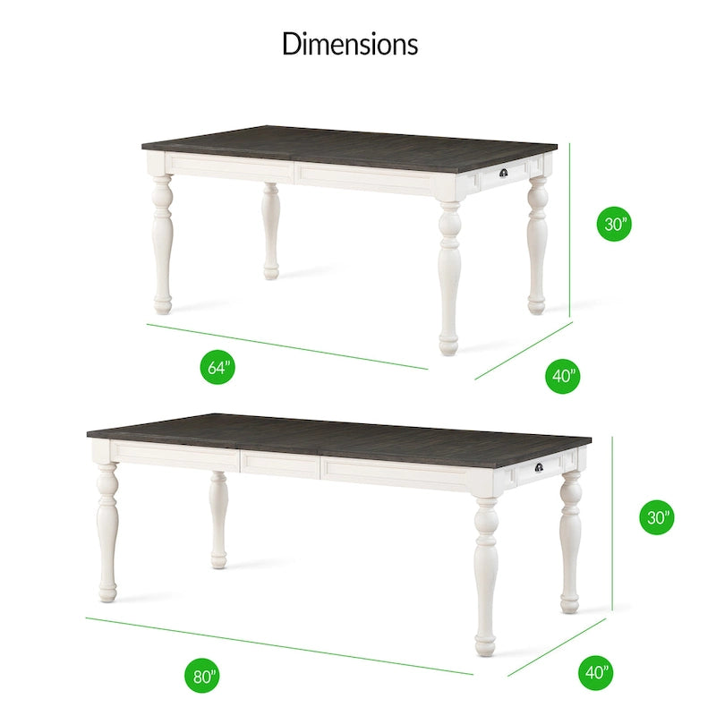 Mesa de Jantar Extensível de Quinta Bicolor de 80 Polegadas, Branco Suave e Carvalho Escuro