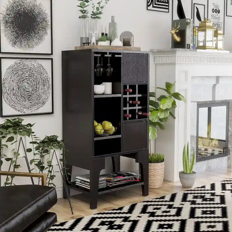 Contemporary 4-Shelf Buffet Cabinet with Wine Rack and Storage
