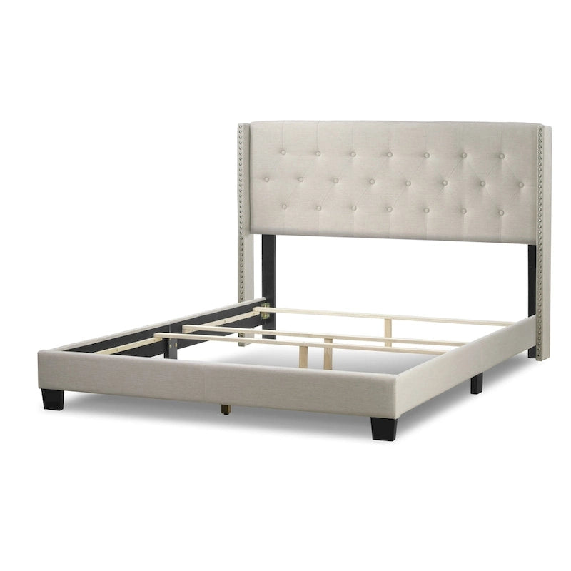 Beige Fabric Upholstered Bed with Button Tufting and Nailhead Wings