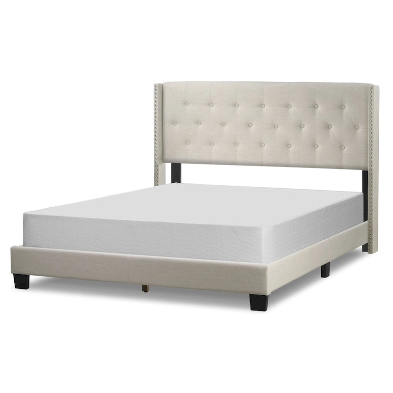 Beige Fabric Upholstered Bed with Button Tufting and Nailhead Wings