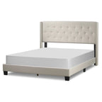 Beige Fabric Upholstered Bed with Button Tufting and Nailhead Wings